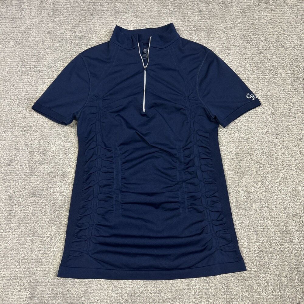 Goode Rider Top Womens Large Navy Show Shirt Ruched Sides Horses Equestrian